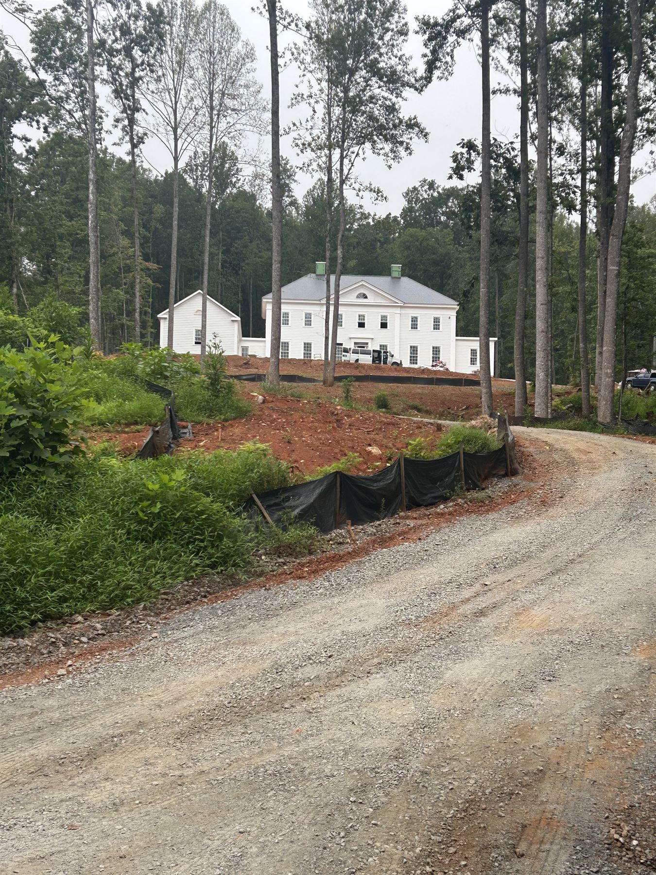 Gravel drive leading through woods to a new estate home